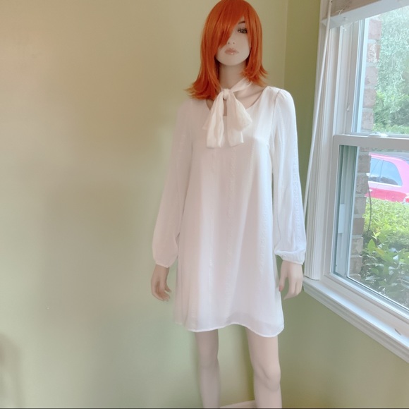 SALE Honey Punch Delicate White Eyelet Short Dress Long Sleeves Bow Tie Sash SML - Picture 3 of 16